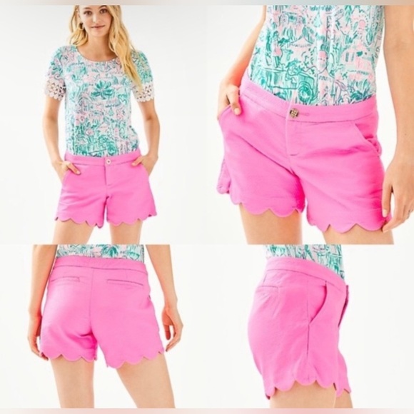 77. LILLY PULITZER PINK SCALLOPED “BUTTERCUP STRETCH” SHORTS- SIZE 00 - Picture 1 of 8